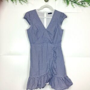 J CREW Dress 4 Gingham Faux Wrap Mini Cotton Poplin Ruffle Navy White checkered